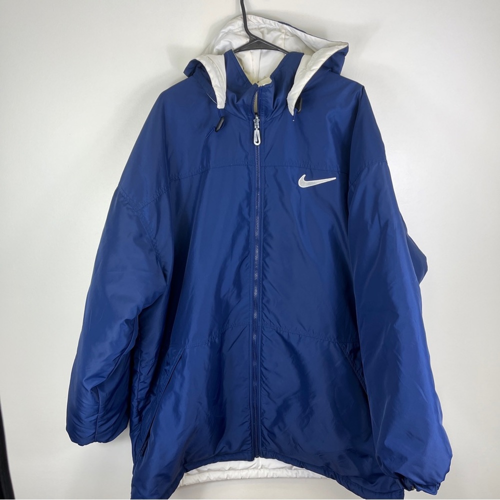 Nike Spell Out Sleeve Reversible Parka Puff Coat Jacket Size XL Blue White